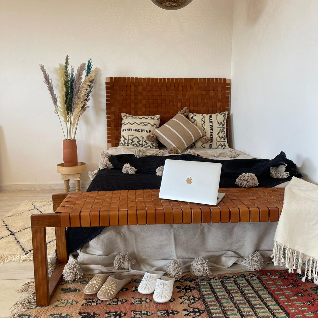 Teak Woven Leather, Benches Woven Leather Stool, Woven Natural, Leather Strap Bench, Saddle, -HANDMADE, Entryway bench, and of bed benchE