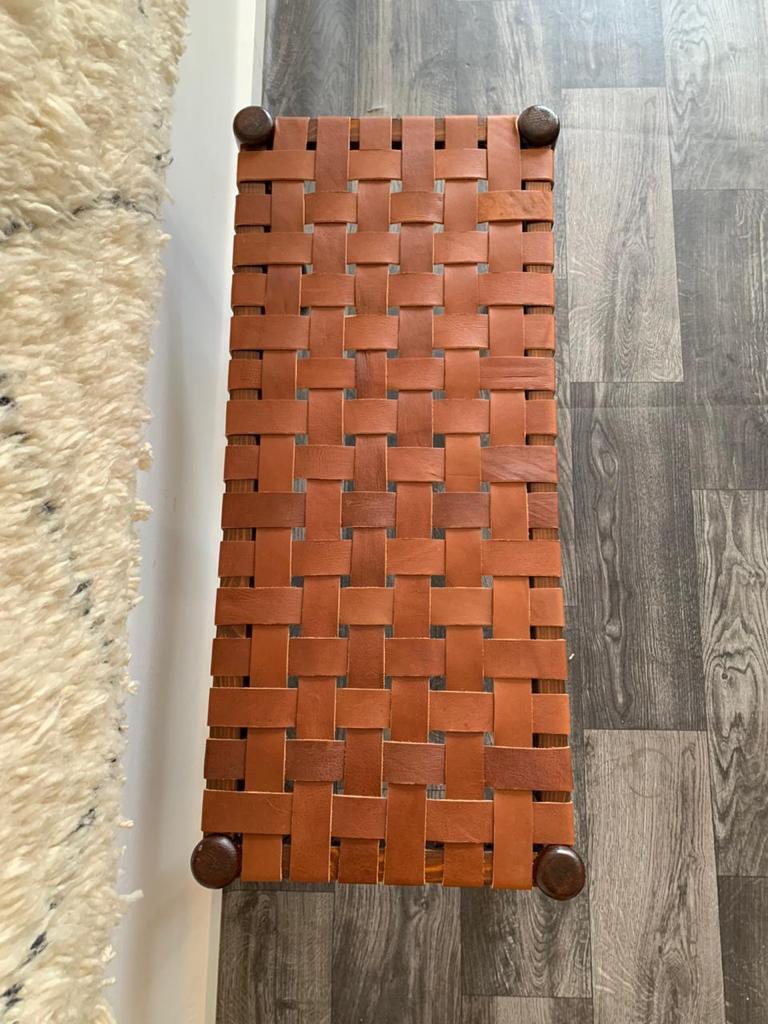 Teak Woven Leather, Benches Woven Leather Stool, Woven Natural, Leather Strap Bench, Saddle, -HANDMADE, Entryway bench, and of bed benchE