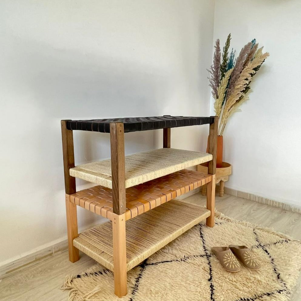 Teak Woven Leather, Benches Woven Leather Stool, Woven Natural, Leather Strap Bench, Saddle, -HANDMADE, Entryway bench, and of bed benchE