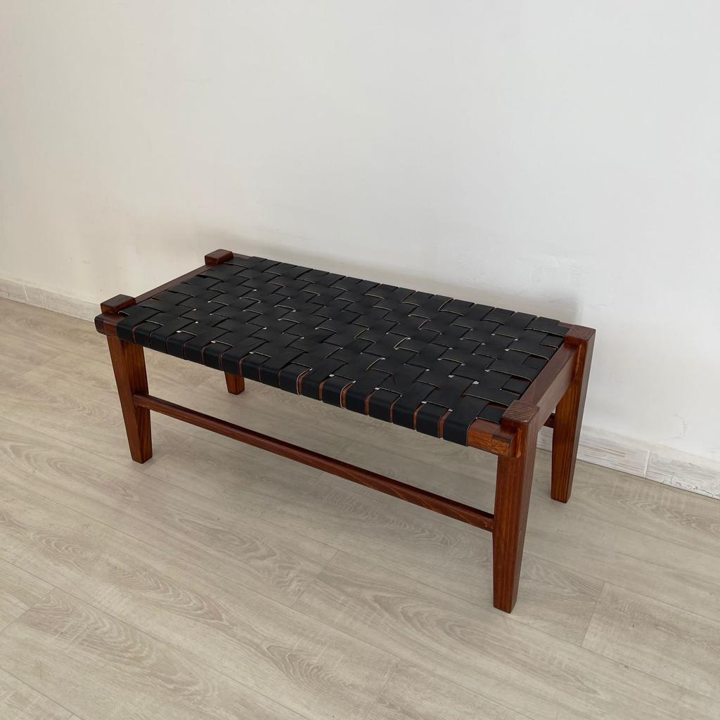 Woven Natural, Leather Strap Bench, Saddle, -HANDMADE, Entryway bench, and of bed benche, Teak Woven Leather, Benches Woven Leather Stool