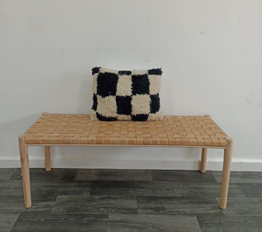 Woven Natural, Leather Strap Bench, Saddle, -HANDMADE, Entryway bench, and of bed benche, Teak Woven Leather, Benches Woven Leather Stool