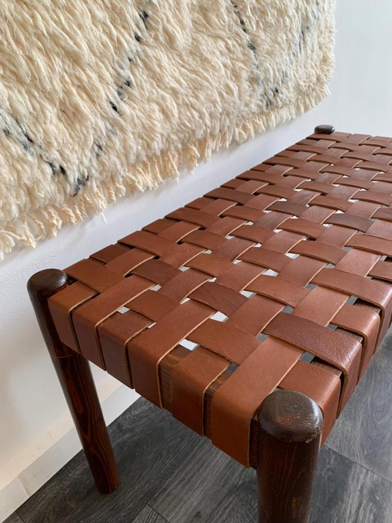 Teak Woven Leather, Benches Woven Leather Stool, Woven Natural, Leather Strap Bench, Saddle, -HANDMADE, Entryway bench, and of bed benchE