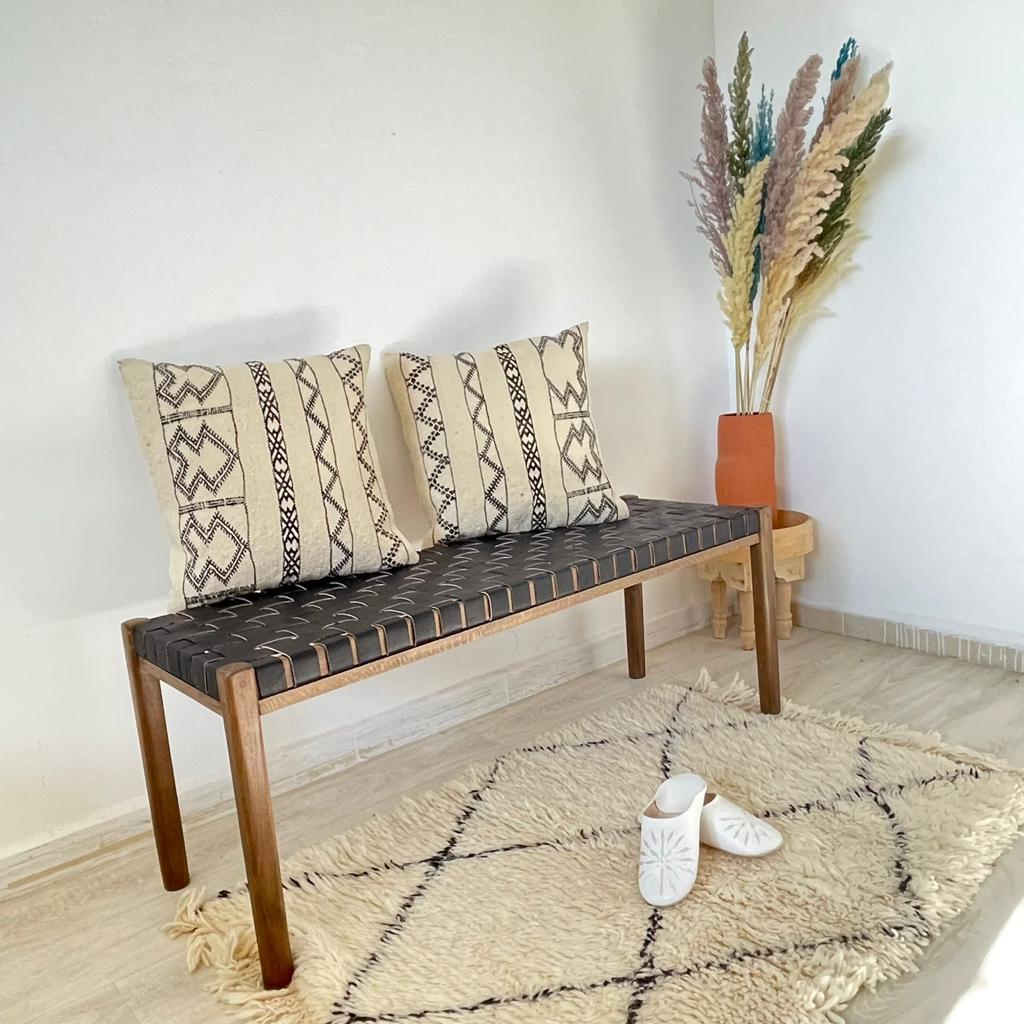 Woven Natural, Leather Strap Bench, Saddle, -HANDMADE, Entryway bench, and of bed benche, Teak Woven Leather, Benches Woven Leather Stool