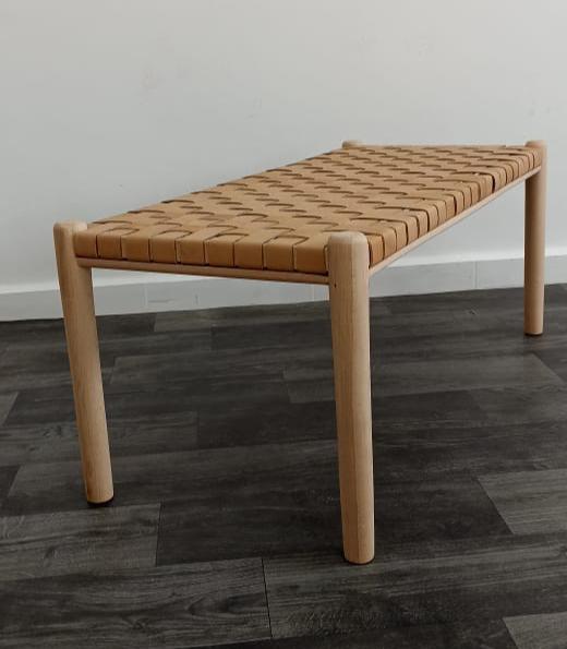 Woven Natural, Leather Strap Bench, Saddle, -HANDMADE, Entryway bench, and of bed benche, Teak Woven Leather, Benches Woven Leather Stool