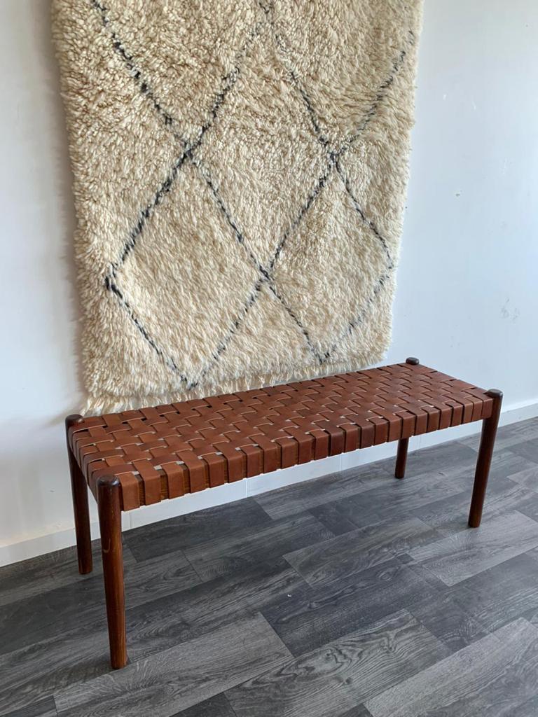 Teak Woven Leather, Benches Woven Leather Stool, Woven Natural, Leather Strap Bench, Saddle, -HANDMADE, Entryway bench, and of bed benchE