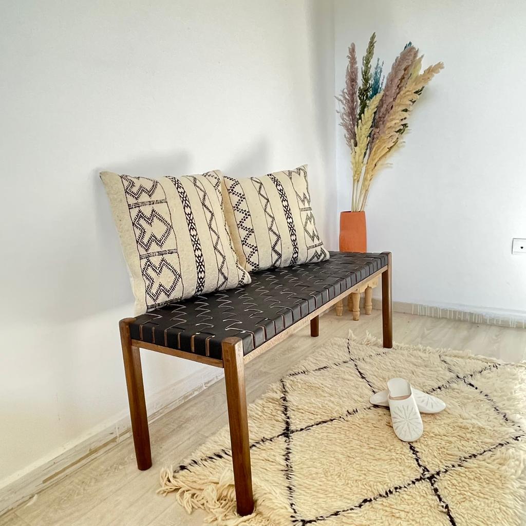 Woven Natural, Leather Strap Bench, Saddle, -HANDMADE, Entryway bench, and of bed benche, Teak Woven Leather, Benches Woven Leather Stool