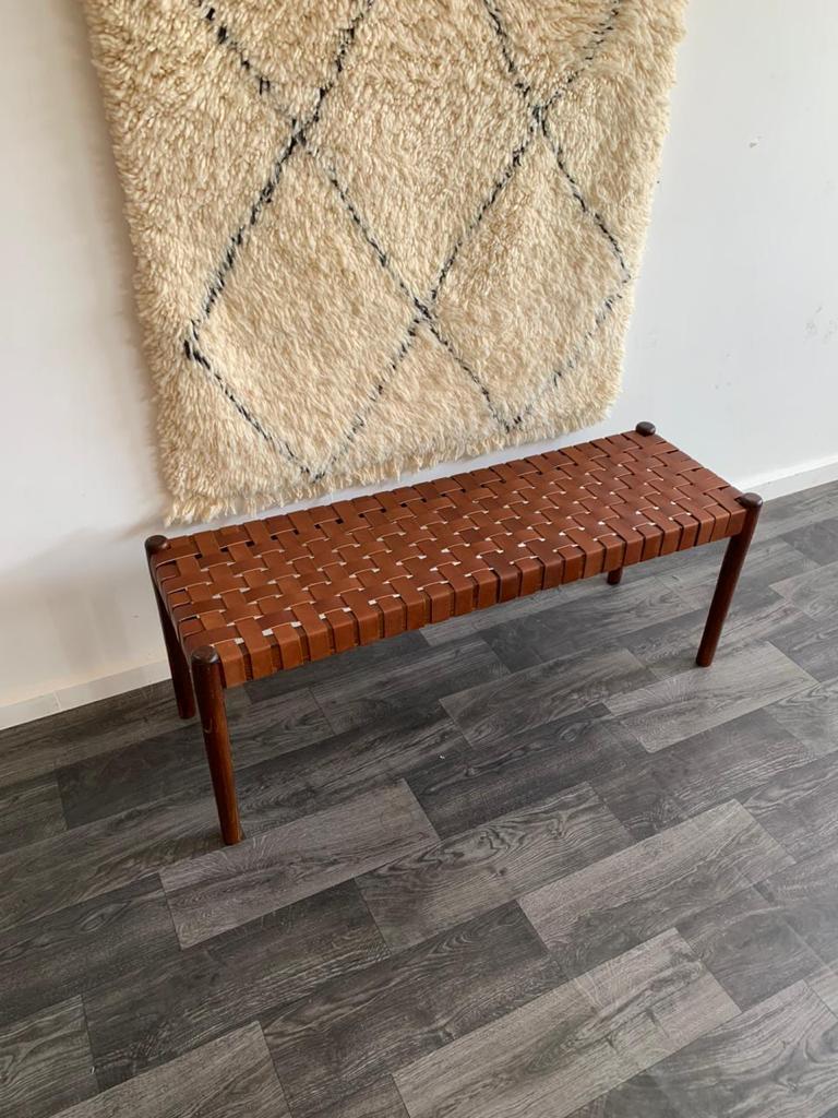 Teak Woven Leather, Benches Woven Leather Stool, Woven Natural, Leather Strap Bench, Saddle, -HANDMADE, Entryway bench, and of bed benchE