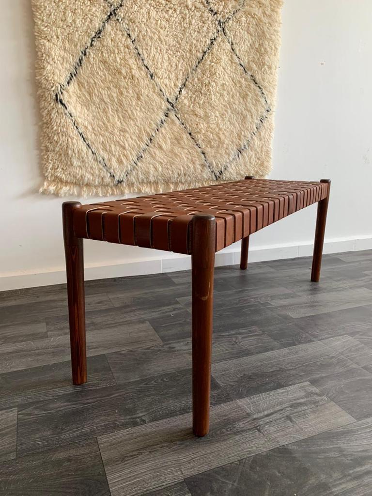 Teak Woven Leather, Benches Woven Leather Stool, Woven Natural, Leather Strap Bench, Saddle, -HANDMADE, Entryway bench, and of bed benchE