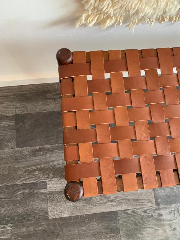 Teak Woven Leather, Benches Woven Leather Stool, Woven Natural, Leather Strap Bench, Saddle, -HANDMADE, Entryway bench, and of bed benchE