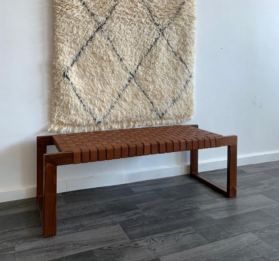 Teak Woven Leather, Benches Woven Leather Stool, Woven Natural, Leather Strap Bench, Saddle, -HANDMADE, Entryway bench, and of bed benchE