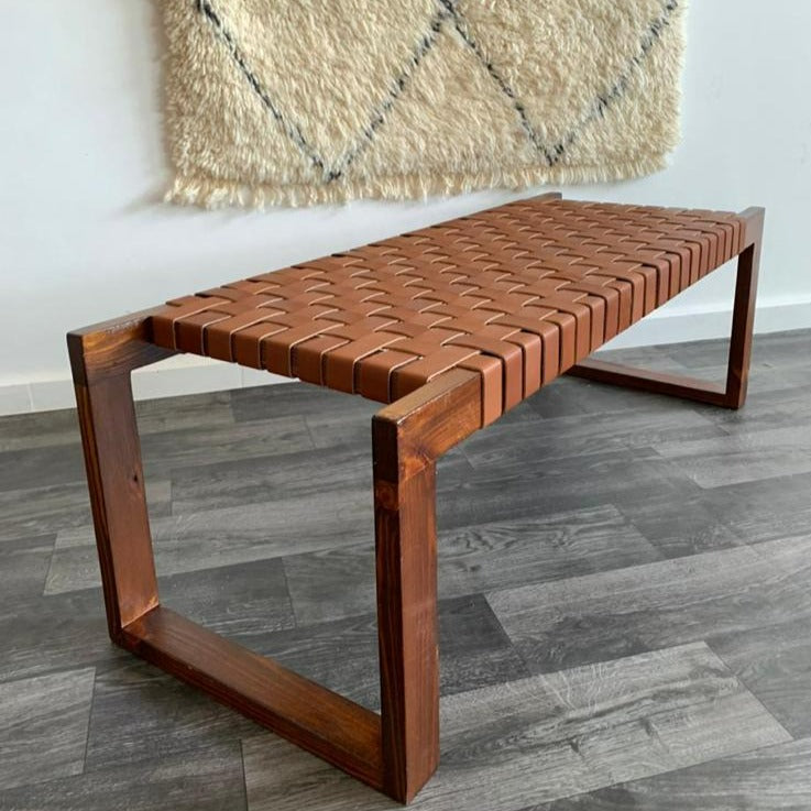Teak Woven Leather, Benches Woven Leather Stool, Woven Natural, Leather Strap Bench, Saddle, -HANDMADE, Entryway bench, and of bed benchE