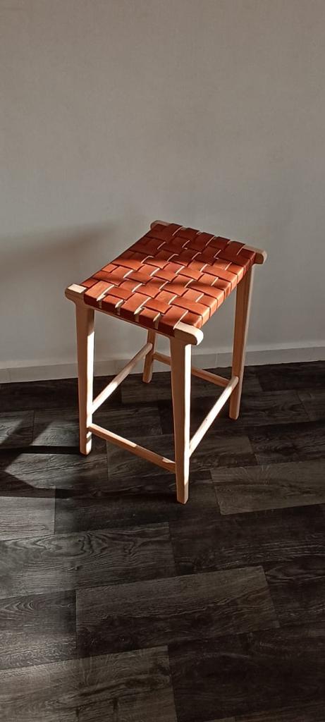 Counter Stools, Height Stool Kitchen, Saddle Seat, chair In Wood And braided Woven Leather, dining chair, bar furniture, Barstuhl Barhocker
