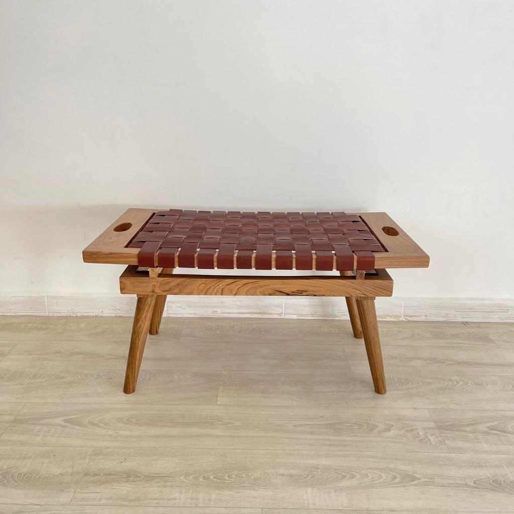 Teak Woven Leather, Benches Woven Leather Stool, Woven Natural, Leather Strap Bench, Saddle, -HANDMADE, Entryway bench, and of bed benchE