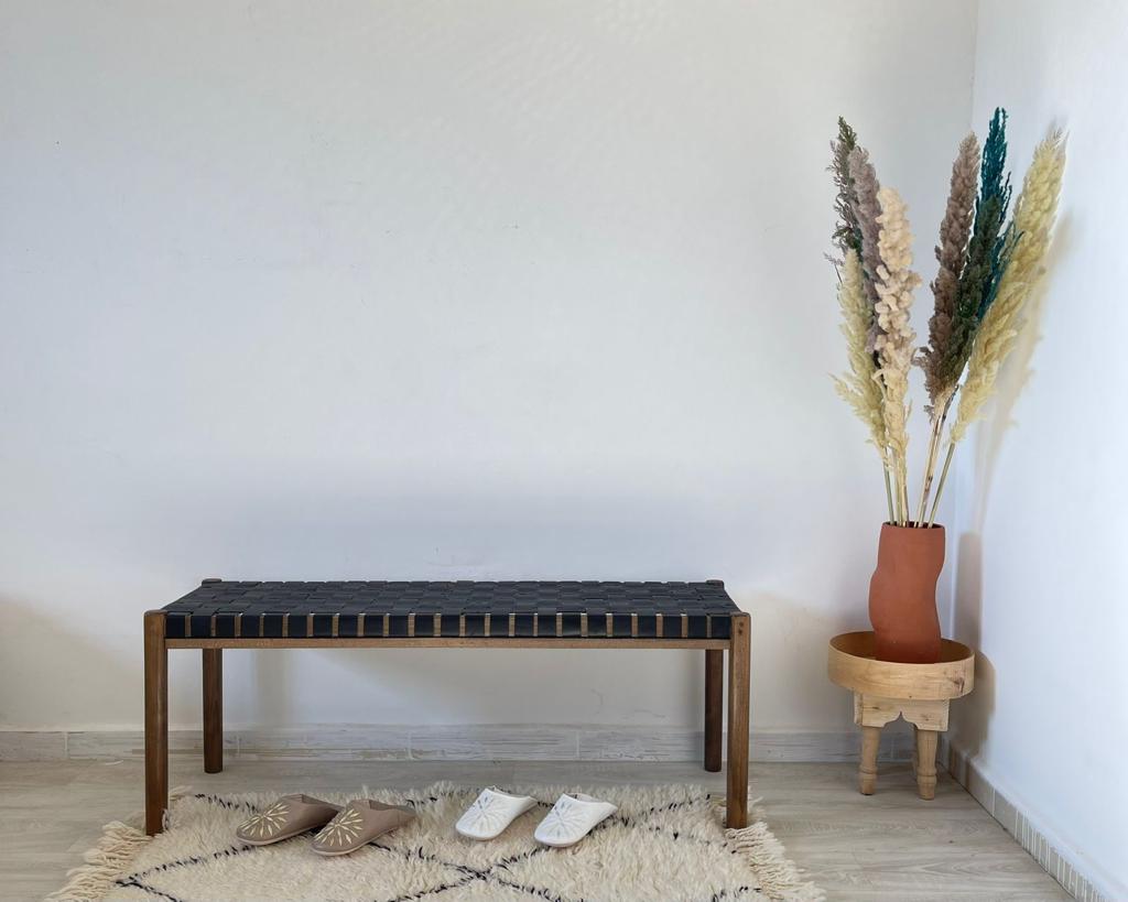 Woven Natural, Leather Strap Bench, Saddle, -HANDMADE, Entryway bench, and of bed benche, Teak Woven Leather, Benches Woven Leather Stool