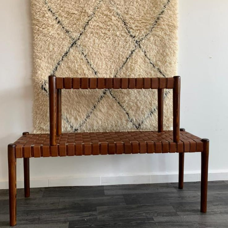 Teak Woven Leather, Benches Woven Leather Stool, Woven Natural, Leather Strap Bench, Saddle, -HANDMADE, Entryway bench, and of bed benchE