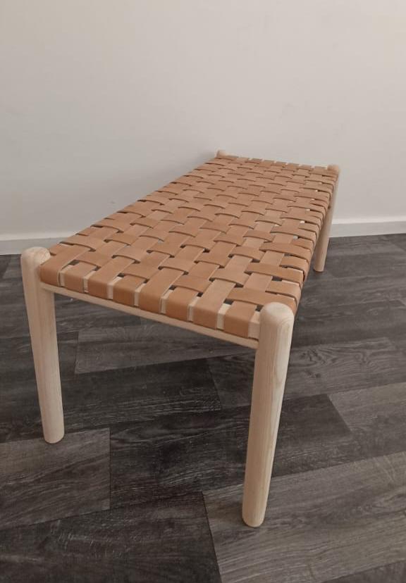 Woven Natural, Leather Strap Bench, Saddle, -HANDMADE, Entryway bench, and of bed benche, Teak Woven Leather, Benches Woven Leather Stool