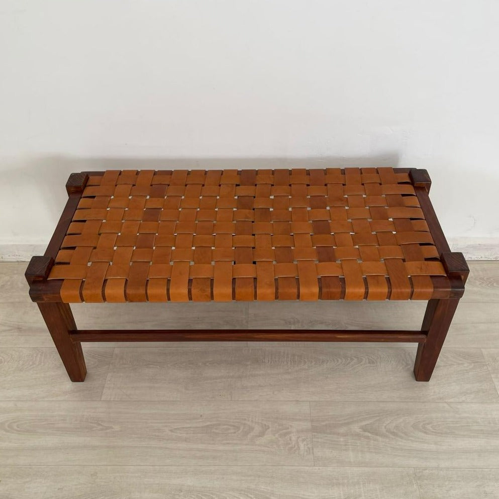 Woven Natural, Leather Strap Bench, Saddle, -HANDMADE, Entryway bench, and of bed benche, Teak Woven Leather, Benches Woven Leather Stool