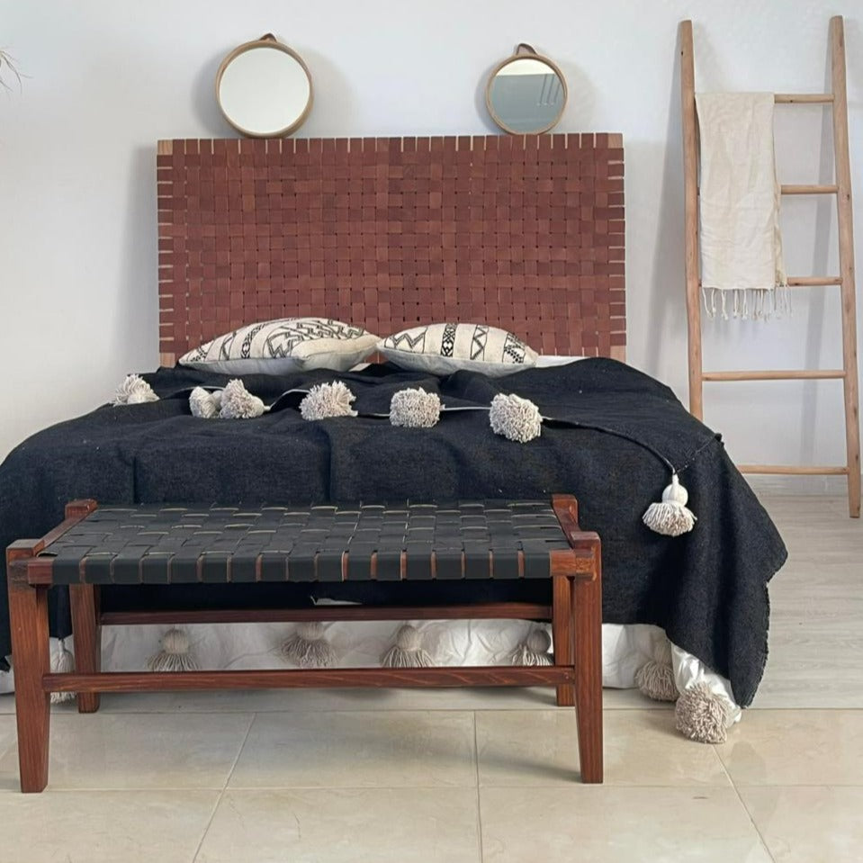 Woven Natural, Leather Strap Bench, Saddle, -HANDMADE, Entryway bench, and of bed benche, Teak Woven Leather, Benches Woven Leather Stool