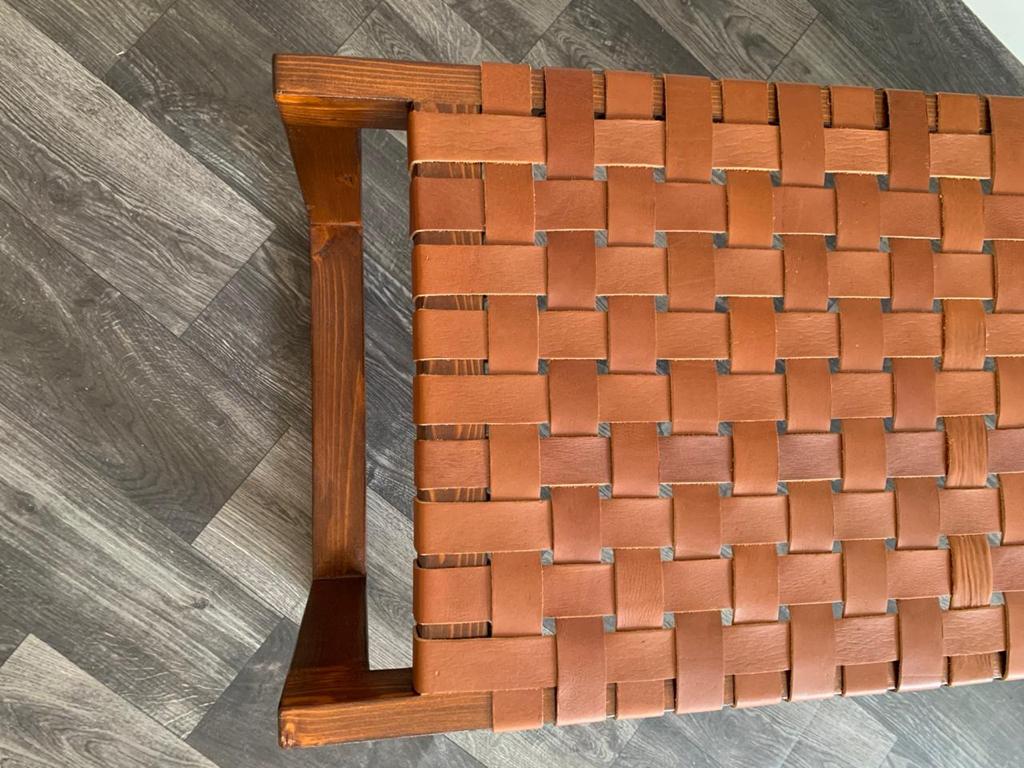 Teak Woven Leather, Benches Woven Leather Stool, Woven Natural, Leather Strap Bench, Saddle, -HANDMADE, Entryway bench, and of bed benchE