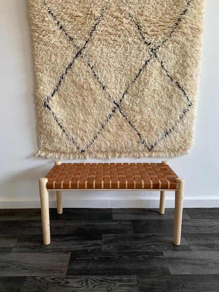 Teak Woven Leather, Benches Woven Leather Stool, Woven Natural, Leather Strap Bench, Saddle, -HANDMADE, Entryway bench, and of bed benchE