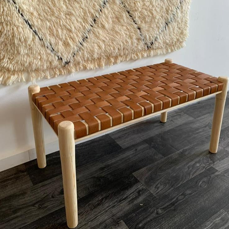 Teak Woven Leather, Benches Woven Leather Stool, Woven Natural, Leather Strap Bench, Saddle, -HANDMADE, Entryway bench, and of bed benchE