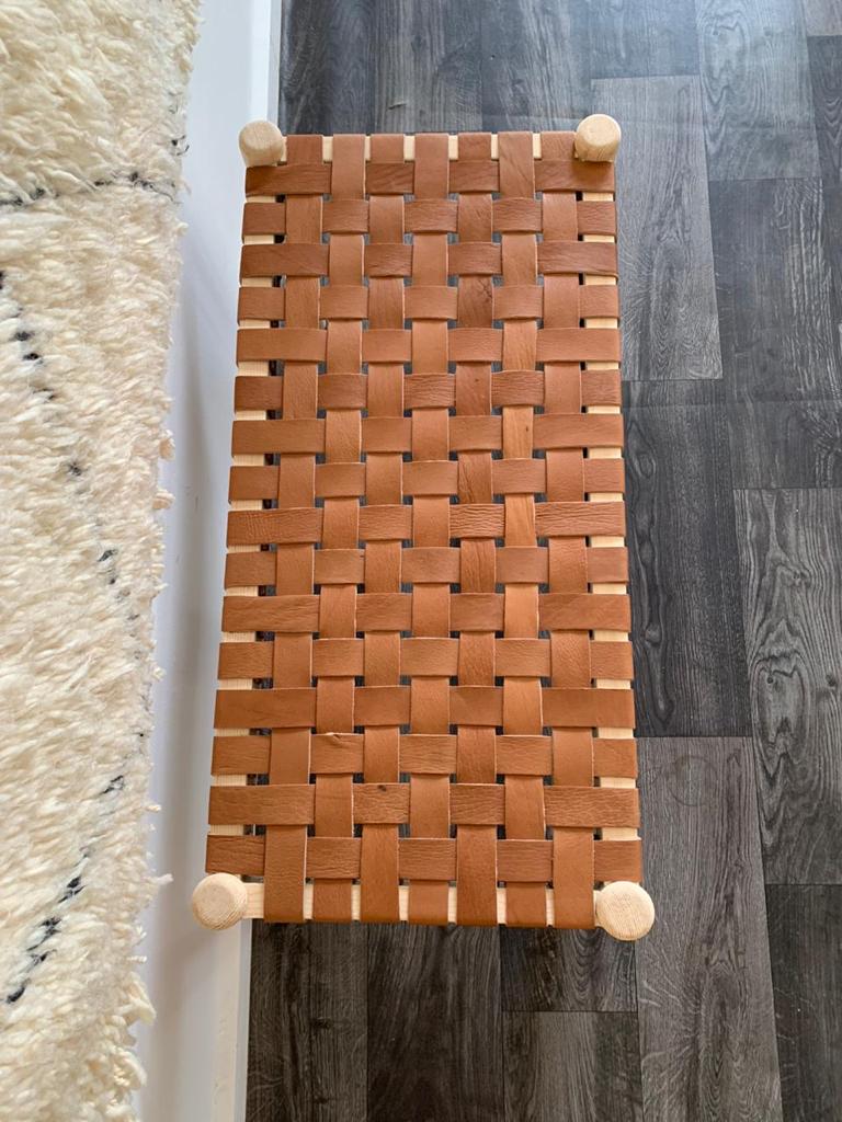 Teak Woven Leather, Benches Woven Leather Stool, Woven Natural, Leather Strap Bench, Saddle, -HANDMADE, Entryway bench, and of bed benchE