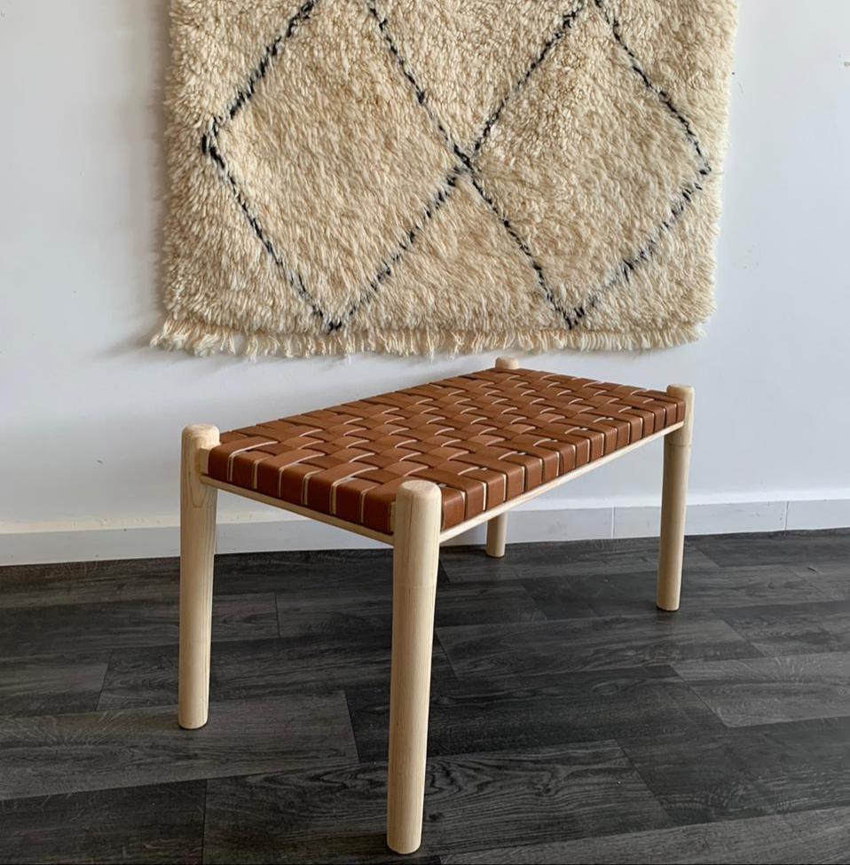 Teak Woven Leather, Benches Woven Leather Stool, Woven Natural, Leather Strap Bench, Saddle, -HANDMADE, Entryway bench, and of bed benchE