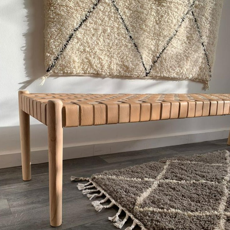Teak Woven Leather, Benches Woven Leather Stool, Woven Natural, Leather Strap Bench, Saddle, -HANDMADE, Entryway bench, and of bed benchE