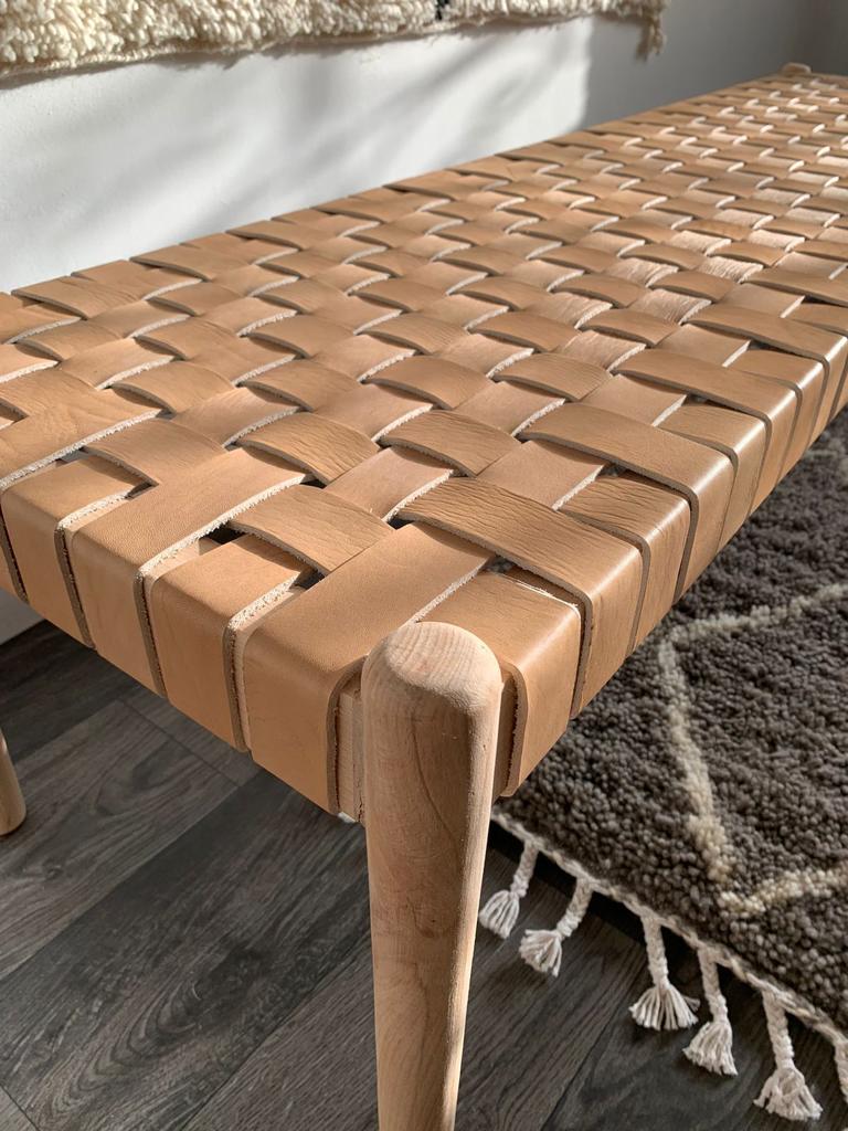 Teak Woven Leather, Benches Woven Leather Stool, Woven Natural, Leather Strap Bench, Saddle, -HANDMADE, Entryway bench, and of bed benchE