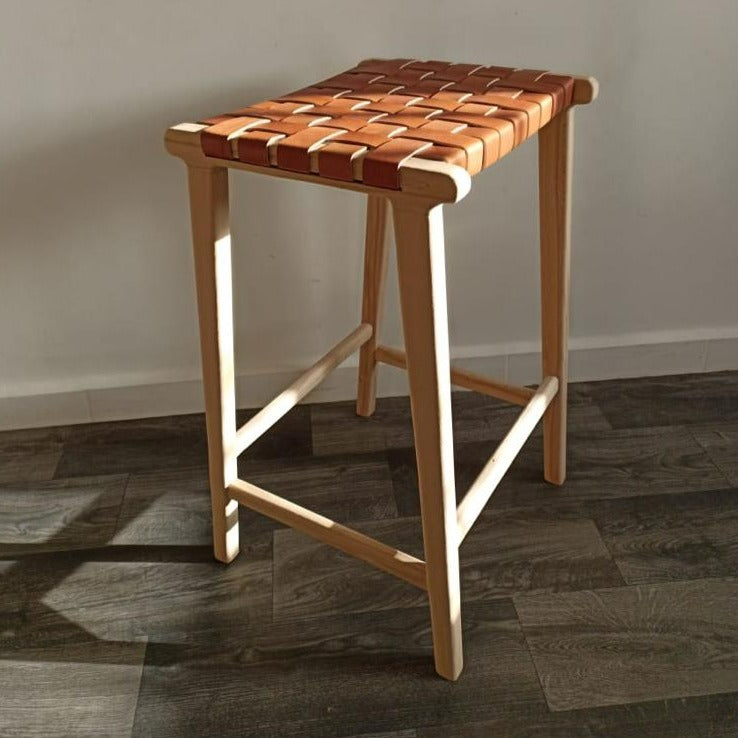 Counter Stools, Height Stool Kitchen, Saddle Seat, chair In Wood And braided Woven Leather, dining chair, bar furniture, Barstuhl Barhocker