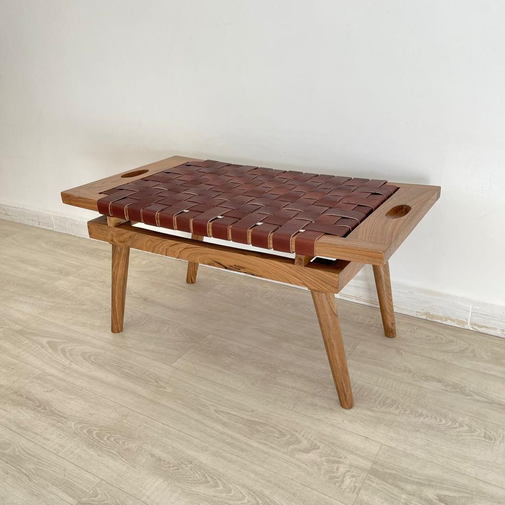 Teak Woven Leather, Benches Woven Leather Stool, Woven Natural, Leather Strap Bench, Saddle, -HANDMADE, Entryway bench, and of bed benchE