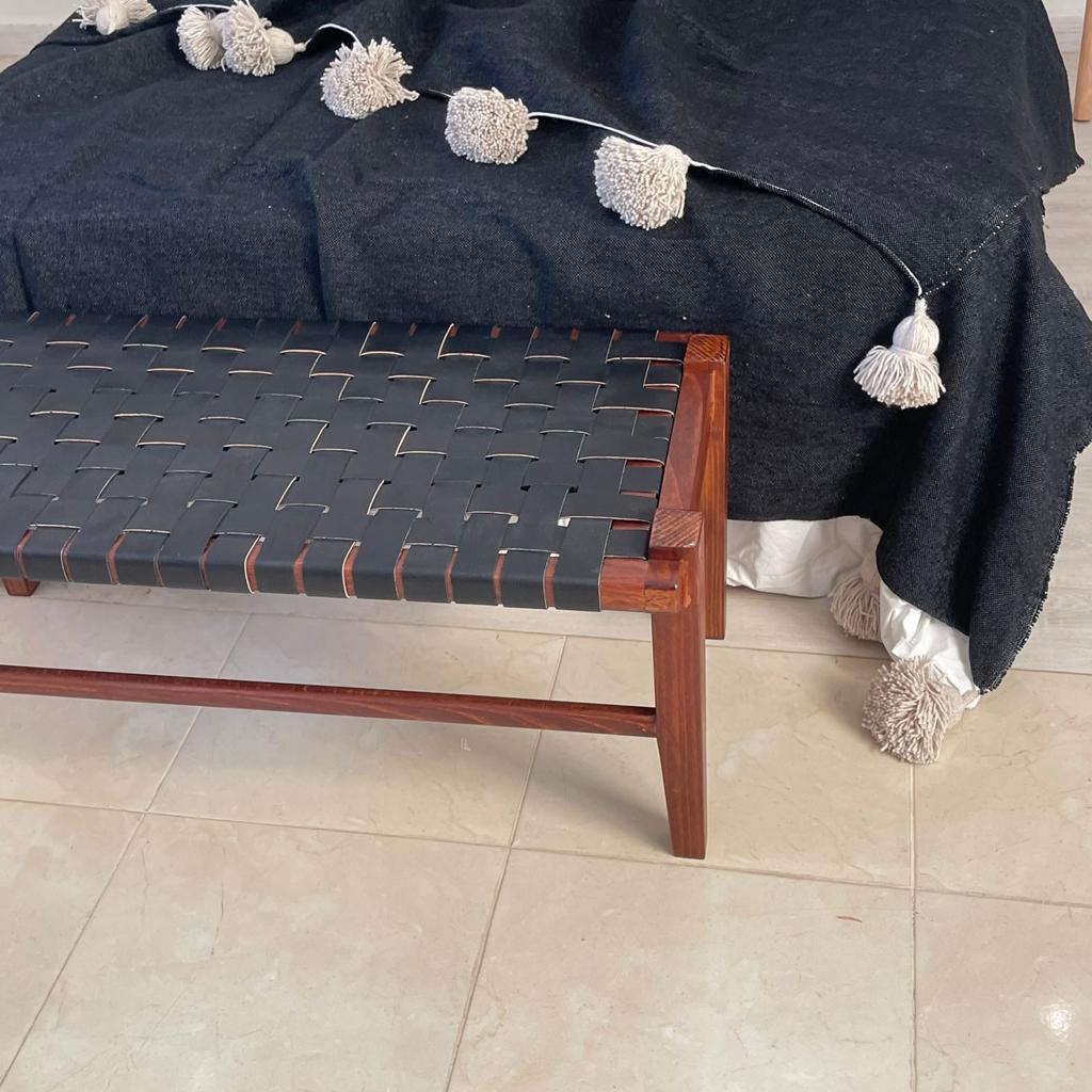 Woven Natural, Leather Strap Bench, Saddle, -HANDMADE, Entryway bench, and of bed benche, Teak Woven Leather, Benches Woven Leather Stool