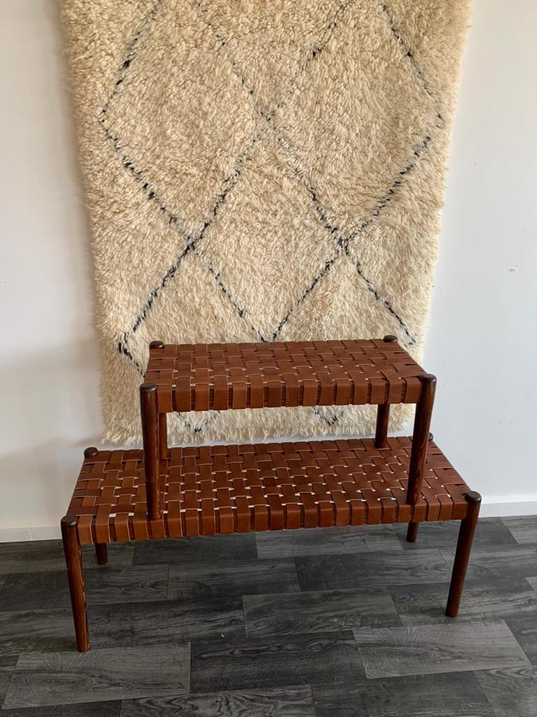 Teak Woven Leather, Benches Woven Leather Stool, Woven Natural, Leather Strap Bench, Saddle, -HANDMADE, Entryway bench, and of bed benchE