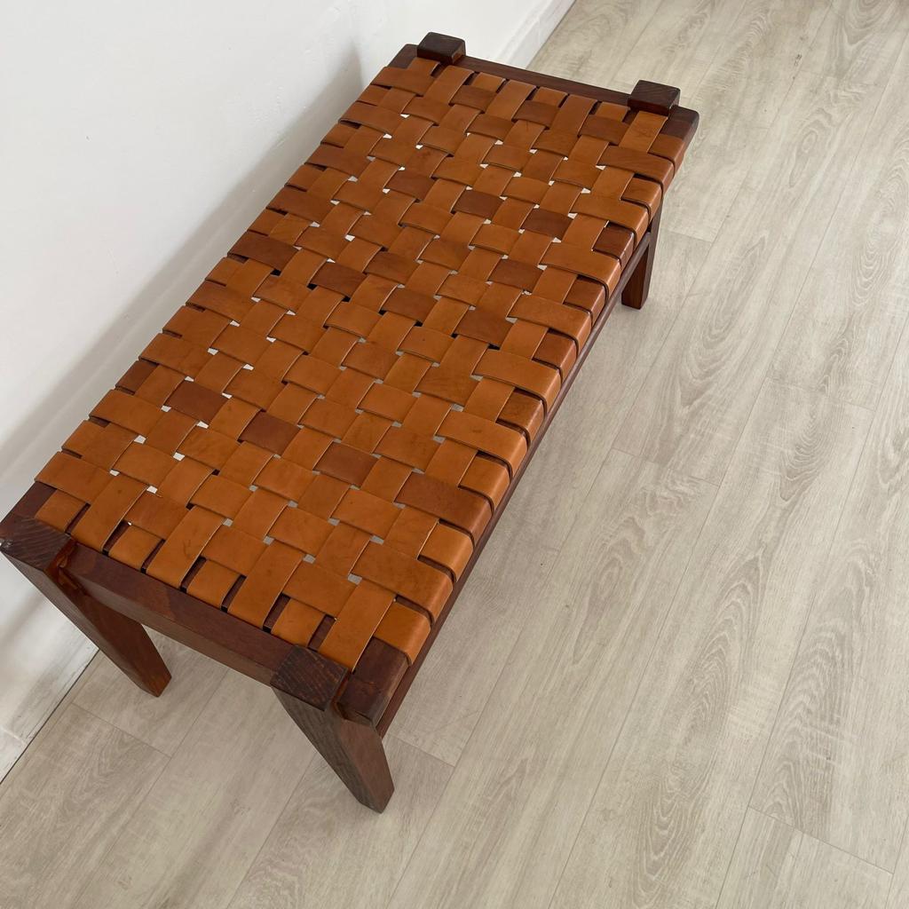 Woven Natural, Leather Strap Bench, Saddle, -HANDMADE, Entryway bench, and of bed benche, Teak Woven Leather, Benches Woven Leather Stool