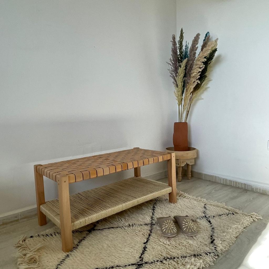 Teak Woven Leather, Benches Woven Leather Stool, Woven Natural, Leather Strap Bench, Saddle, -HANDMADE, Entryway bench, and of bed benchE