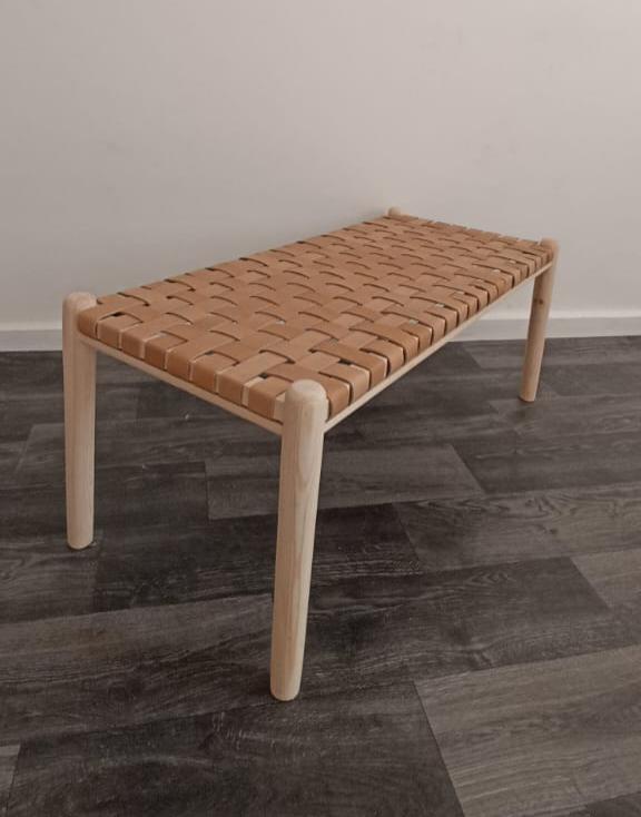 Woven Natural, Leather Strap Bench, Saddle, -HANDMADE, Entryway bench, and of bed benche, Teak Woven Leather, Benches Woven Leather Stool