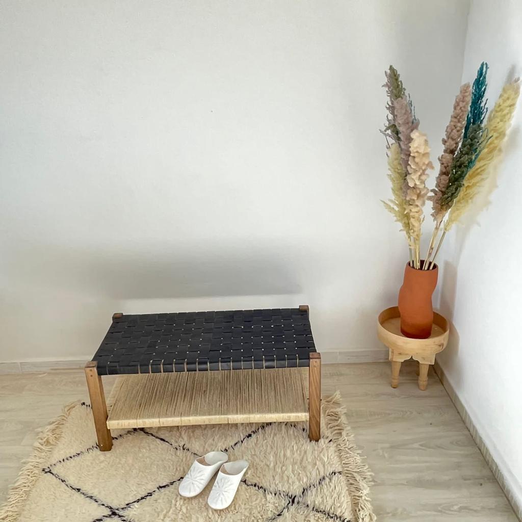 Teak Woven Leather, Benches Woven Leather Stool, Woven Natural, Leather Strap Bench, Saddle, -HANDMADE, Entryway bench, and of bed benchE
