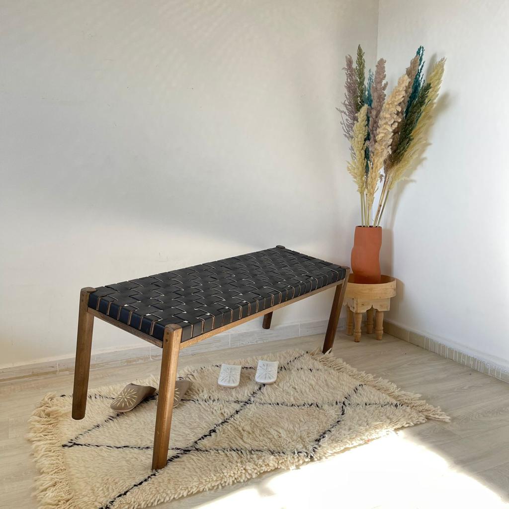 Woven Natural, Leather Strap Bench, Saddle, -HANDMADE, Entryway bench, and of bed benche, Teak Woven Leather, Benches Woven Leather Stool