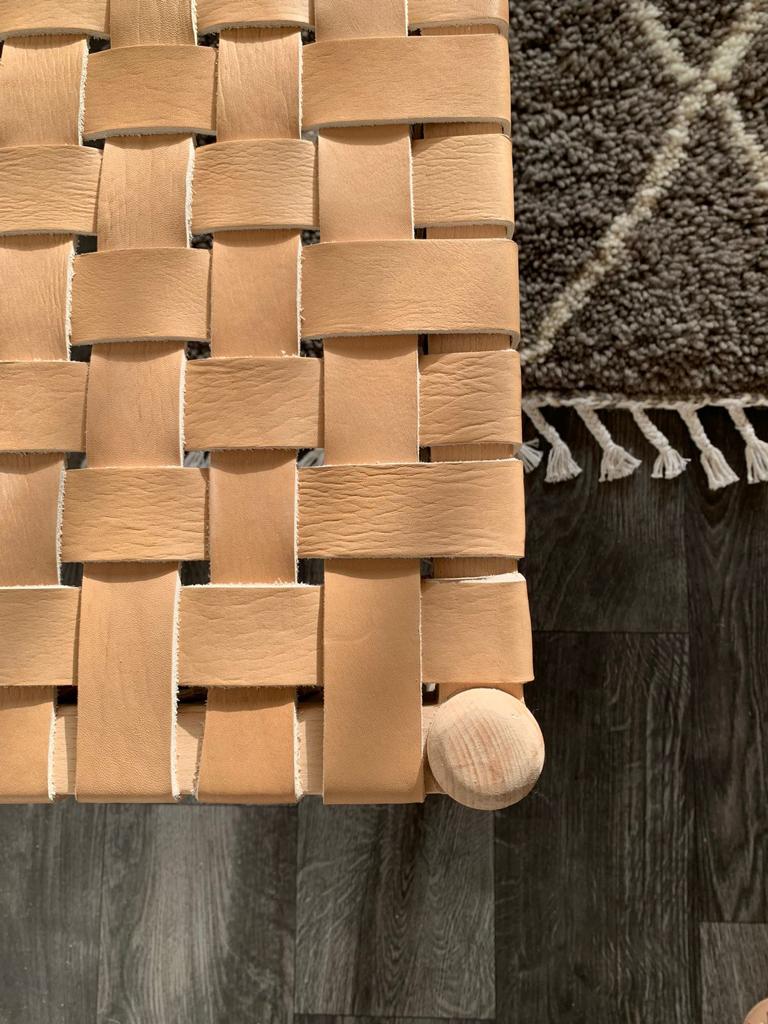 Teak Woven Leather, Benches Woven Leather Stool, Woven Natural, Leather Strap Bench, Saddle, -HANDMADE, Entryway bench, and of bed benchE
