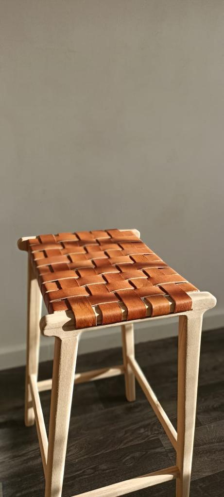 Counter Stools, Height Stool Kitchen, Saddle Seat, chair In Wood And braided Woven Leather, dining chair, bar furniture, Barstuhl Barhocker
