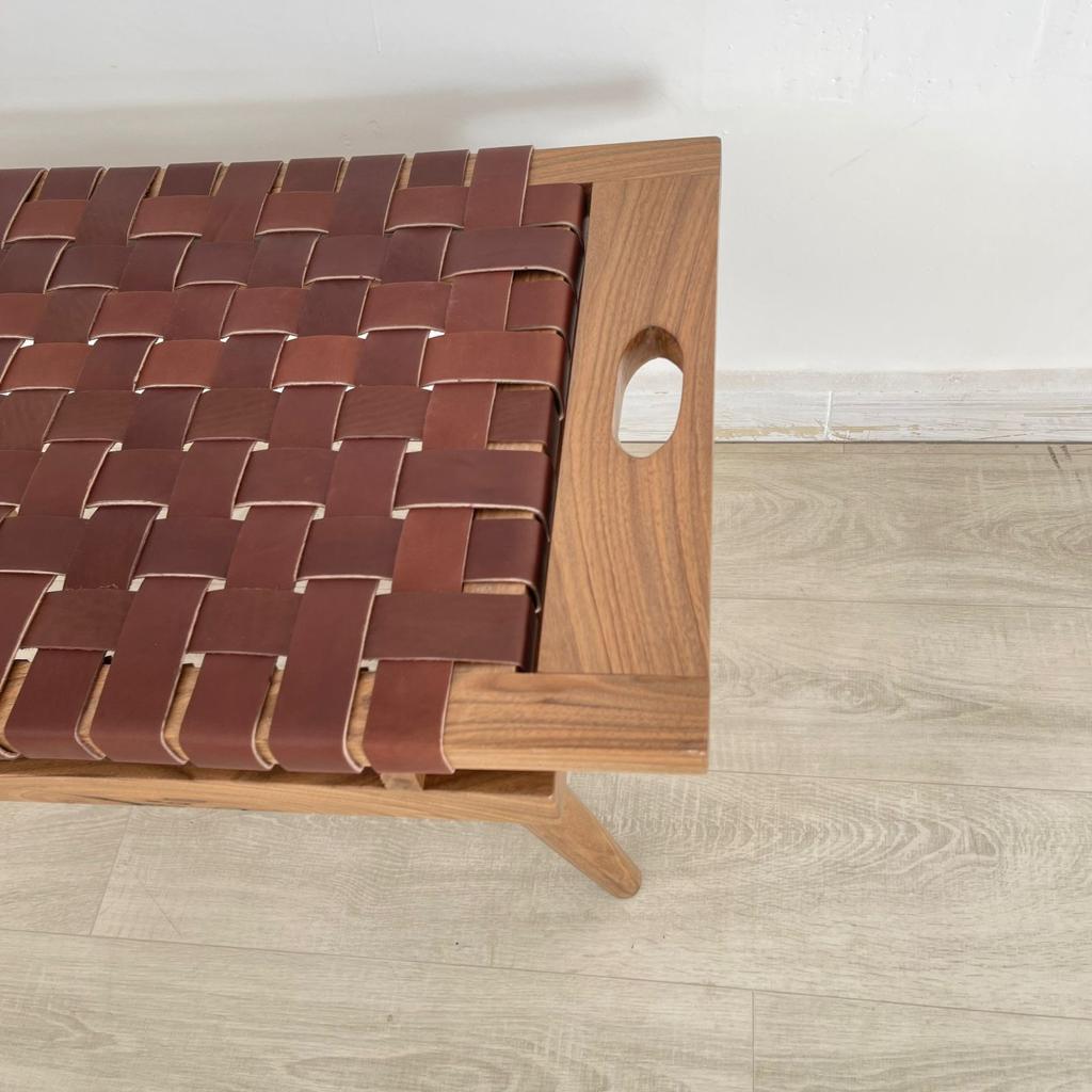 Teak Woven Leather, Benches Woven Leather Stool, Woven Natural, Leather Strap Bench, Saddle, -HANDMADE, Entryway bench, and of bed benchE
