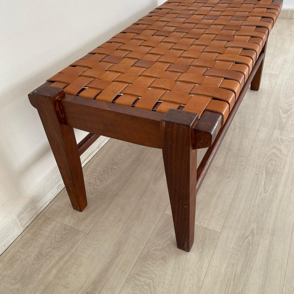 Woven Natural, Leather Strap Bench, Saddle, -HANDMADE, Entryway bench, and of bed benche, Teak Woven Leather, Benches Woven Leather Stool