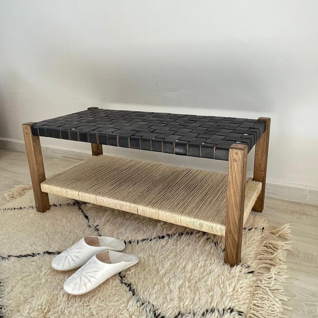 Teak Woven Leather, Benches Woven Leather Stool, Woven Natural, Leather Strap Bench, Saddle, -HANDMADE, Entryway bench, and of bed benchE