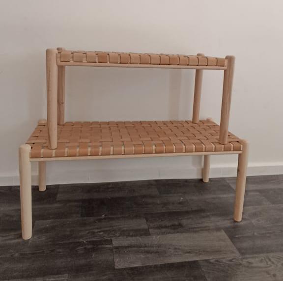 Woven Natural, Leather Strap Bench, Saddle, -HANDMADE, Entryway bench, and of bed benche, Teak Woven Leather, Benches Woven Leather Stool