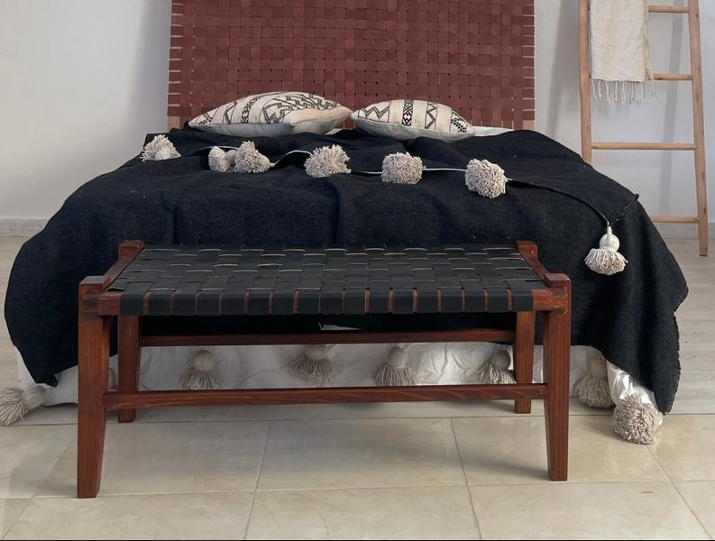 Woven Natural, Leather Strap Bench, Saddle, -HANDMADE, Entryway bench, and of bed benche, Teak Woven Leather, Benches Woven Leather Stool