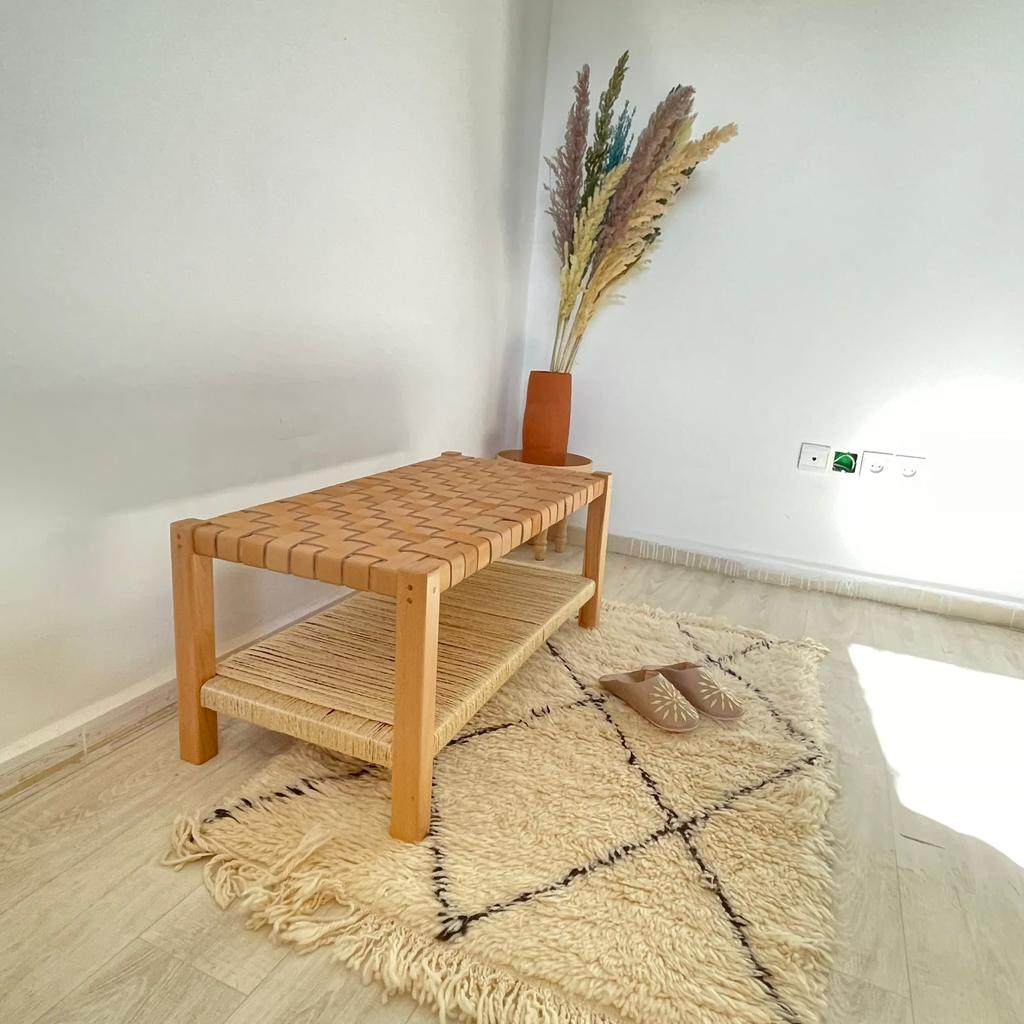 Teak Woven Leather, Benches Woven Leather Stool, Woven Natural, Leather Strap Bench, Saddle, -HANDMADE, Entryway bench, and of bed benchE