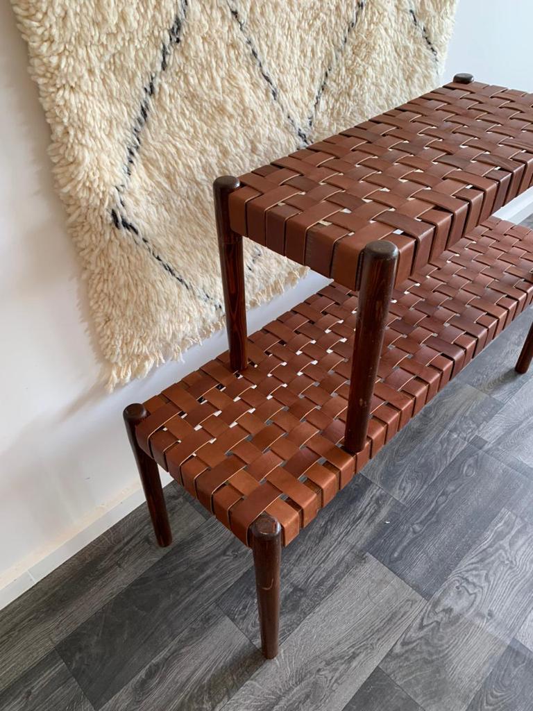 Teak Woven Leather, Benches Woven Leather Stool, Woven Natural, Leather Strap Bench, Saddle, -HANDMADE, Entryway bench, and of bed benchE