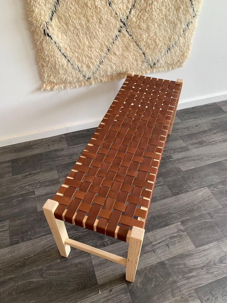Teak Woven Leather, Benches Woven Leather Stool, Woven Natural, Leather Strap Bench, Saddle, -HANDMADE, Entryway bench, and of bed benchE