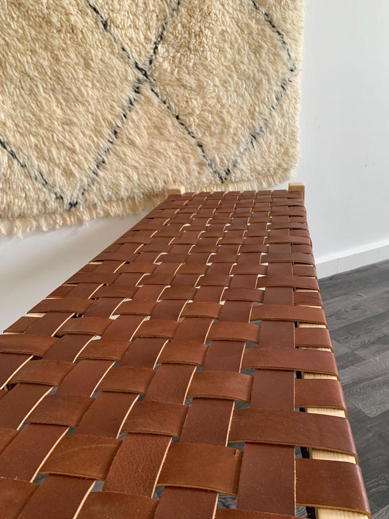 Teak Woven Leather, Benches Woven Leather Stool, Woven Natural, Leather Strap Bench, Saddle, -HANDMADE, Entryway bench, and of bed benchE