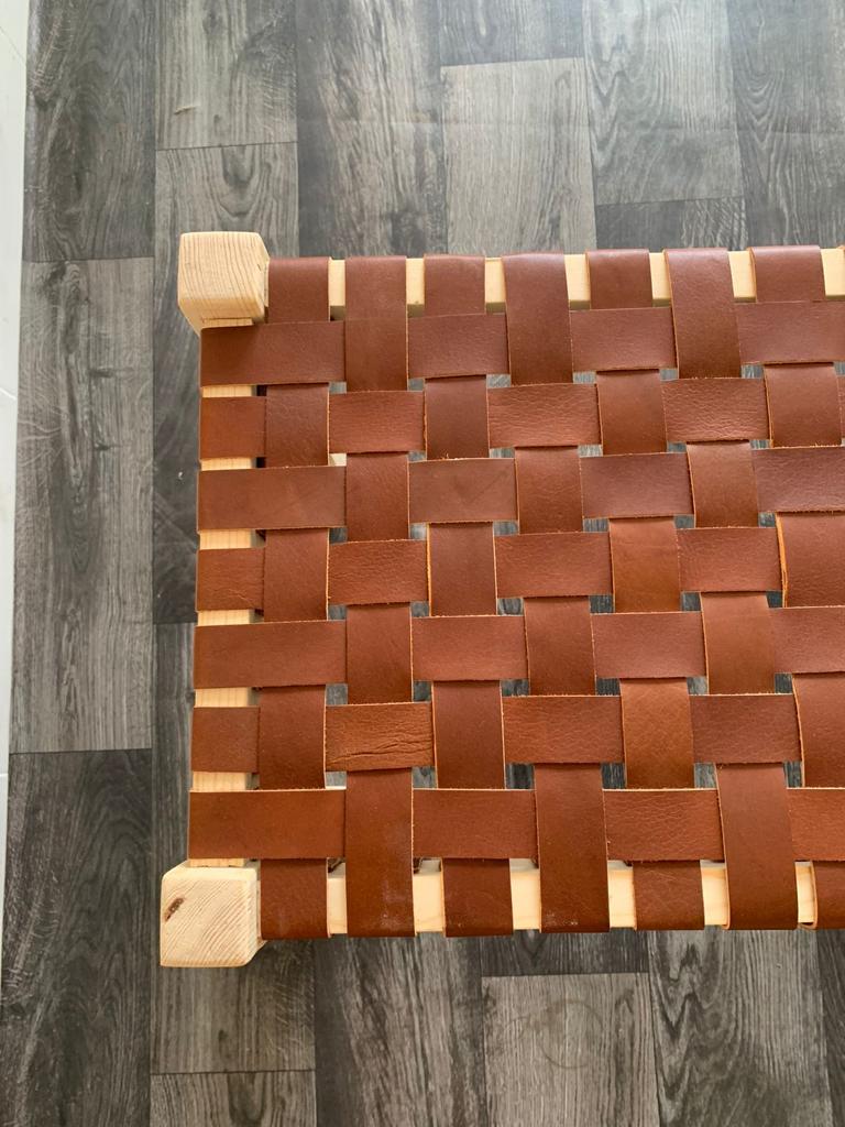 Teak Woven Leather, Benches Woven Leather Stool, Woven Natural, Leather Strap Bench, Saddle, -HANDMADE, Entryway bench, and of bed benchE